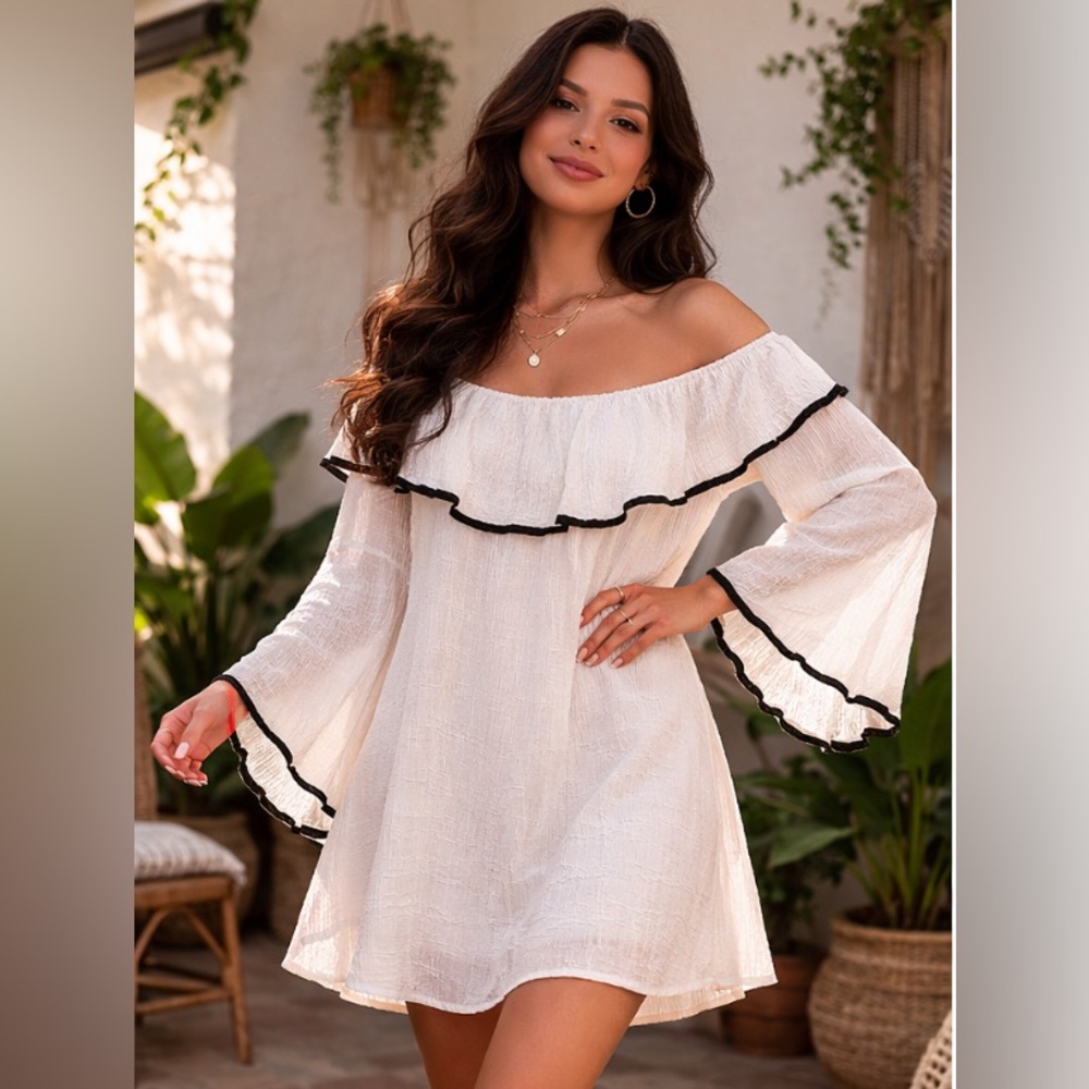 Entro Boho Off Shoulder Mini Dress Ivory Size L Bell Sleeve Ruffle Trim
